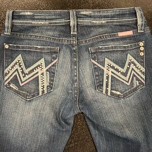 Miss Me Pink and Blue Bedazzled Back Pockets Straight Fit Jeans Size 27